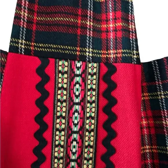 Vintage 70s Handmade Maxi Skirt 26 Patchwork Wool Plaid Cottagecore Red Black - Picture 3 of 10
